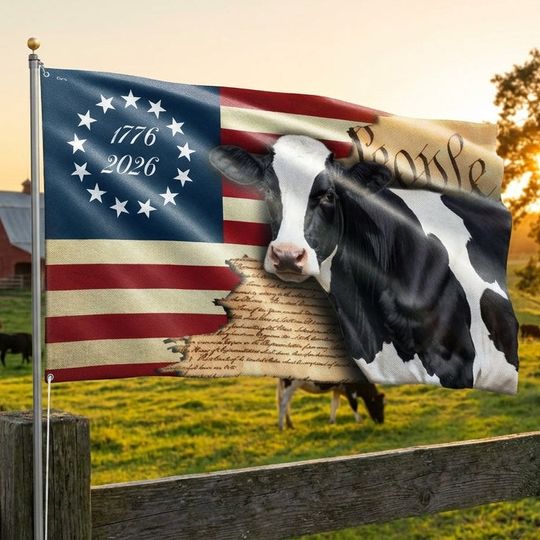 250 Years Dairy Cow 1776 2026 American Grommet Flag, We The People Patriotic Cow Farm Flag Decor
