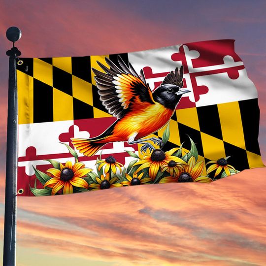 Maryland State Baltimore Oriole Bird and Black-eyed Susan Flower Maryland Flag
