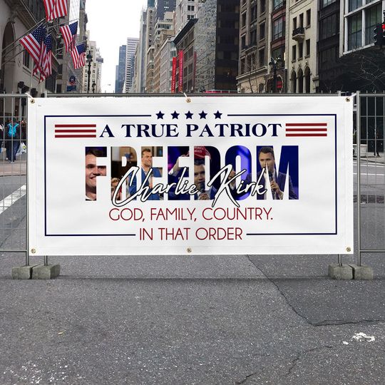 Charlie Kirk Tribute Fence Banner God Family Country
