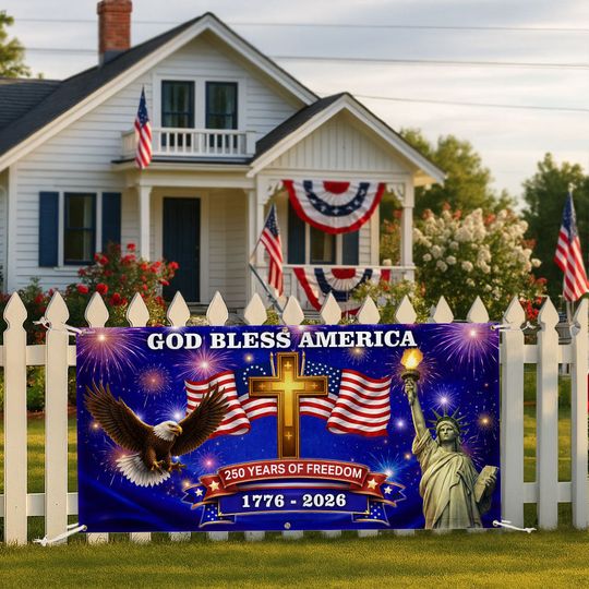 250 Years of Freedom Fence Banner, God Bless America Patriotic Outdoor flag