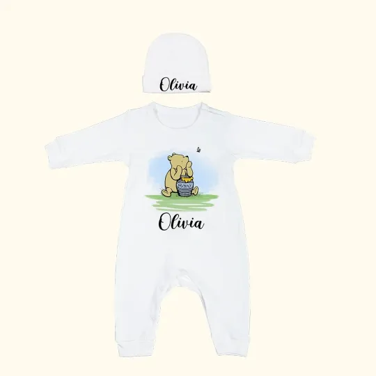 Personalized Classic Winnie the Pooh Baby Romper Set with Hat and Gloves Coming Home Outfit