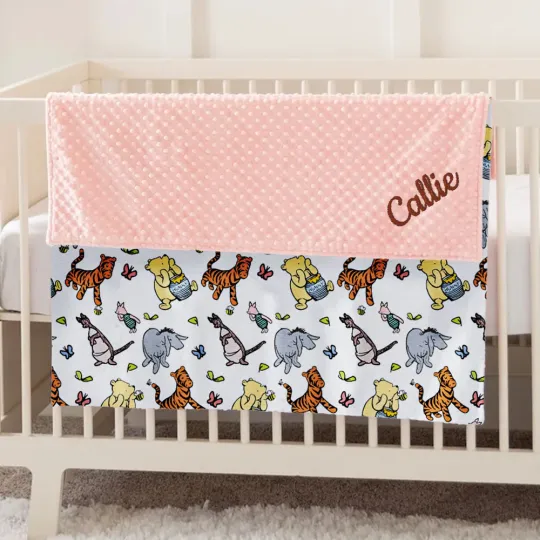 Personalized Cute Classic Winnie the Pooh Soft Baby Security Blanket with Dotted Backing and Embroidery Name Baby Shower Birthday Gift for Boys Girls
