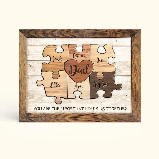 Personalized Rustic Puzzle Piece Sign Canvas Prints Frame with Names Father's Day Gift For Dad Mom