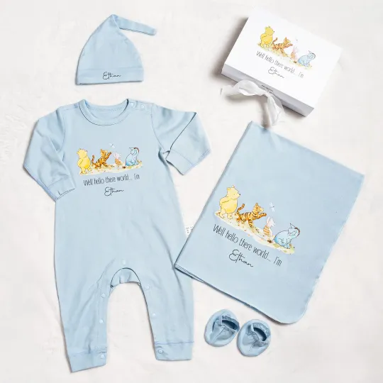 Personalized Classic Winnie the Pooh 100% Cotton Baby Romper Hat Blanket Outfit with Name and Gift Box Baby Shower Gift for Newborn New Parents