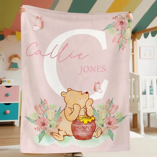 Personalized Classic Winnie the Pooh Pink Tulip Soft Throw Blanket with Name and Initial Birthday Baby Shower Gift for Baby Girl Kid