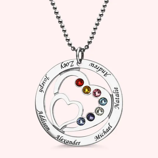 Mother's Heart in Heart Necklace With Children's Birthstones and Names