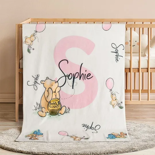 Personalized Soft Classic Winnie the Pooh Fleece Throw Blanket with Name and Initial Baby Shower Receiving Gift for Newborns