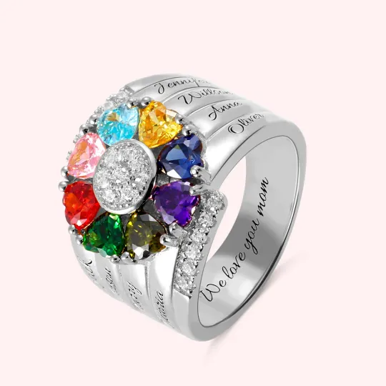 Callie Mother's Ring With Children Names and Heart Birthstones