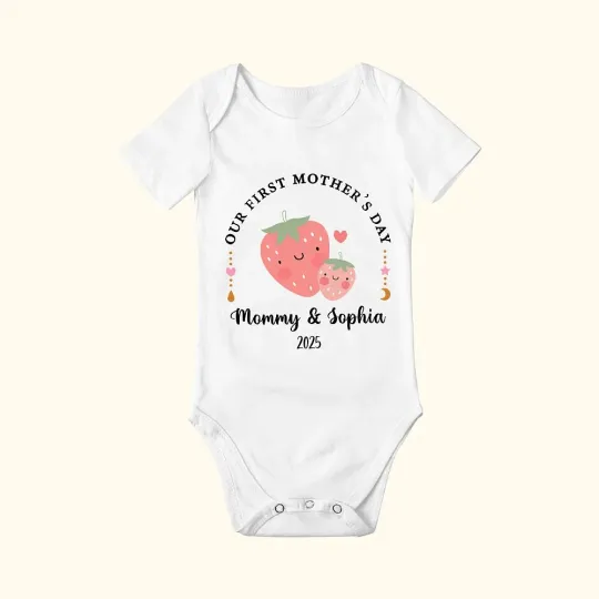 Personalized Cute Strawberry Lemon First Mother's Day Baby Onesies with Title Mother's Day Gift for New Mom Newborn