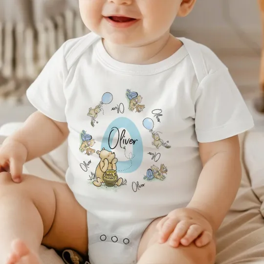 Personalized Classic Winnie the Pooh 100% Cotton Baby Bodysuit Bib Set with Name and Initial Baby Shower Birthday Gift for Newborns