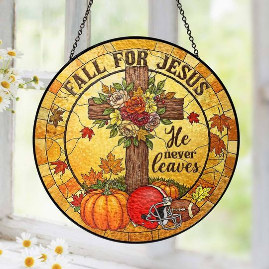 Fall Football Christian He Never Leaves Stained Glass Suncatcher