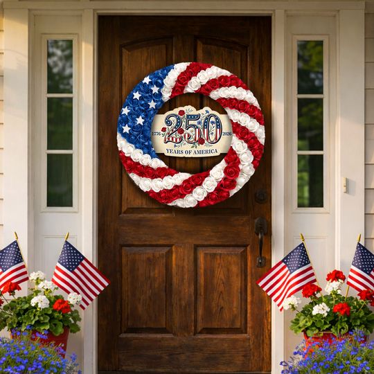 250 Years of America Rose Wreath, 1776 2026 Patriotic Front Door Decor