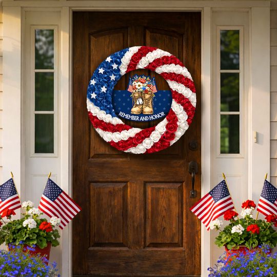 Military Boots Floral Memorial Day Remember And Honor Rose Wreath