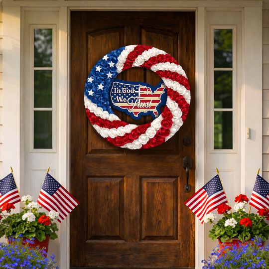 In God We Trust America Maps Cross Patriotic Front Door Wreath