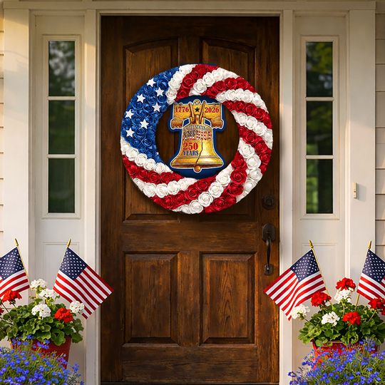 250 Years American Flag Wreath, Liberty Bell Patriotic Front Door Decor