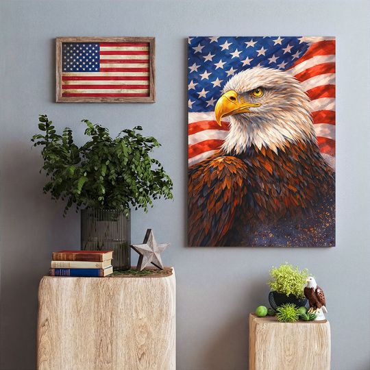 Patriotic Eagle with Painting American Flag Canvas Wall Art Decor