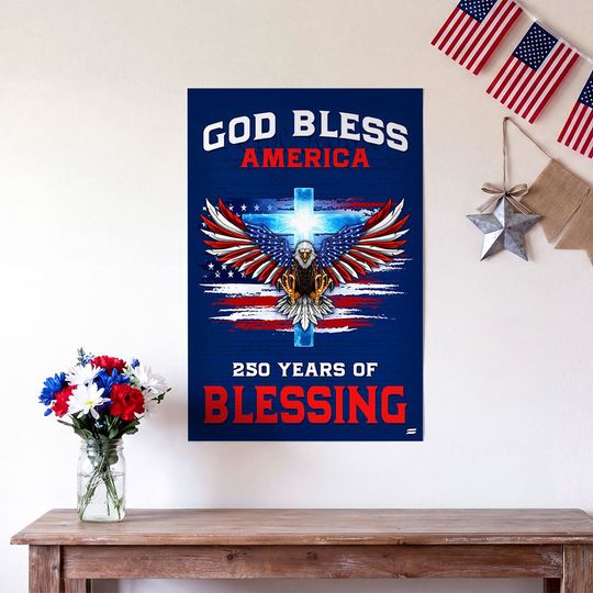 America 250th Canvas Wall Art, God Bless America with Eagle Cross Decor
