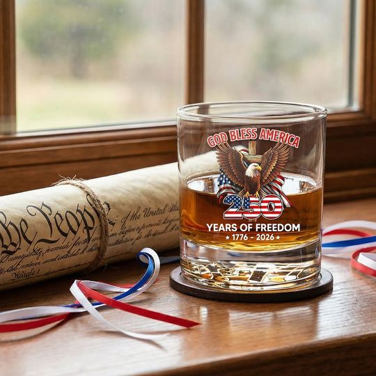 God Bless America 250 Years of Freedom Eagle Printed Whiskey Glass