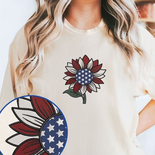 America Sunflower 4th Of july Independence Day Embroidered T-Shirt
