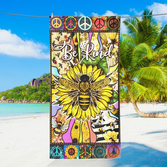 Hippie Be Kind, Bee Sunflower Peace Sign Beach Towel