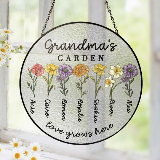 Custom Family Birth Flowers Glass Suncatcher, Personalized Grandma's Garden Gift
