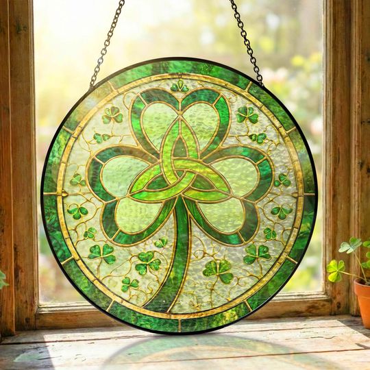 Irish Celtic Knot Shamrock Stained Glass Suncatcher for St. Patrick’s