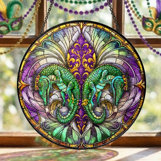 Mardi Gras Suncatcher, Louisiana Fleur De Lis Alligator Window Decor