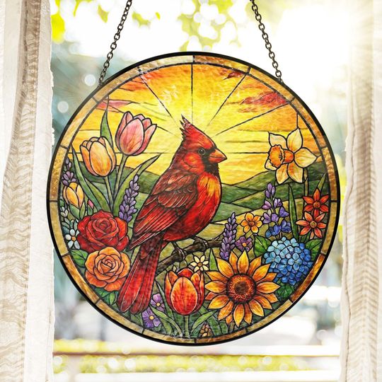 Red Cardinal Spring Suncatcher, Cardinal And Sunflower Stained Glass Decor