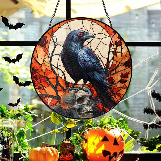 Raven Halloween Stained Glass Suncatcher 3-Day Shipping