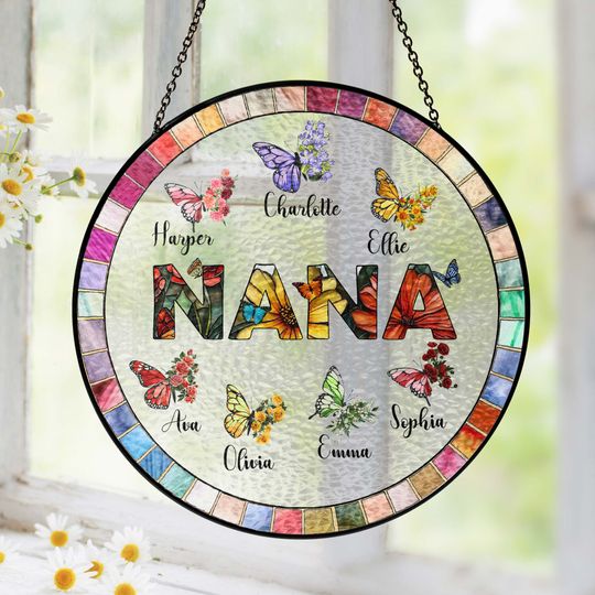 Personalized Nana Stained Glass Suncatcher, Gift for Grandma, Custom Butterfly & Birth Month Flower with Grandkid’s Names