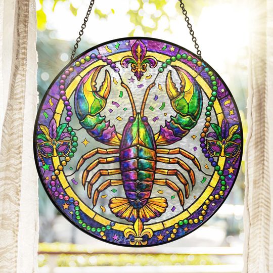 Mardi Gras Suncatcher, Crawfish Louisiana Stained Glass Window Hanging