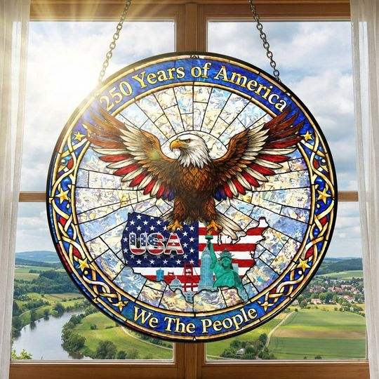 250 Years of America Patriotic Eagle Maps USA Stained Glass Suncatcher