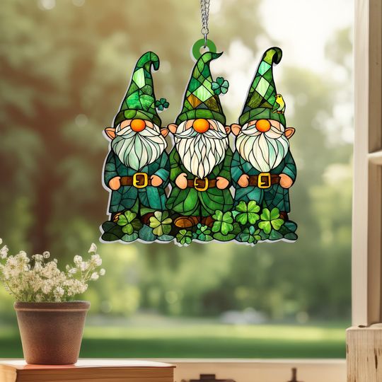 St. Patrick's Day Gnomes Irish Shamrock Suncatcher Hanging Sign