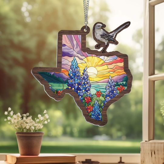 Texas with Northern Mockingbird and Bluebonnet, Texas 2 Layered Hanging Suncatcher