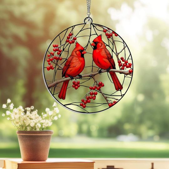 Cardinals On Red Berry Tree, Christmas Memorial Cardinal Suncatcher Acrylic Hanging