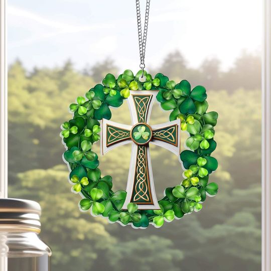Christian Celtic Cross with Shamrock, Irish St. Patrick’s Day Suncatcher Acrylic Hanging