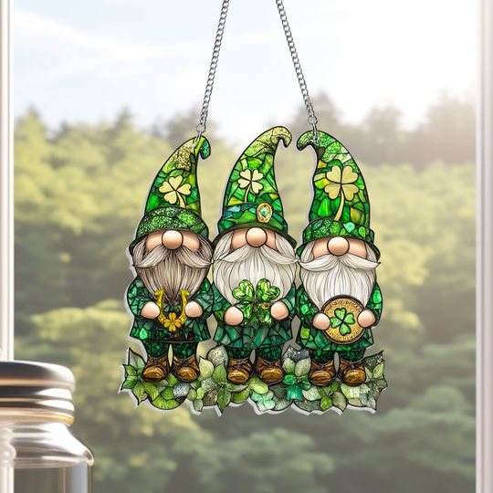 Irish Gnomes Happy St. Patrick's Day Shamrock Acrylic Suncatcher Hanging