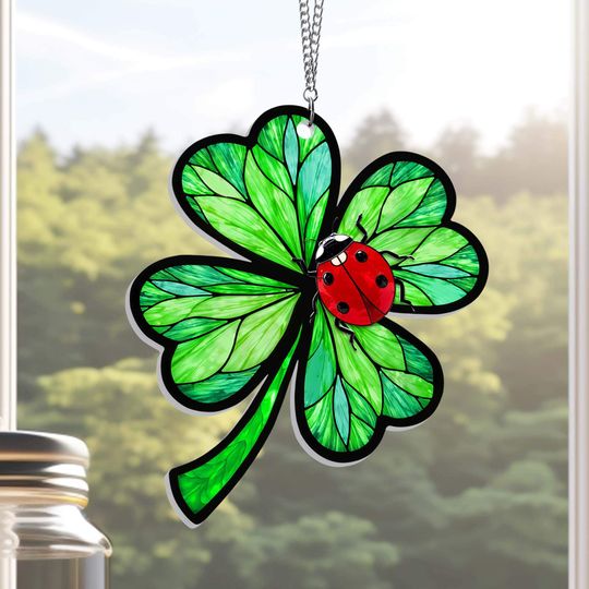Four Leaf Clover and Ladybug Acrylic Suncatcher Hanging Sign