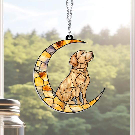 Yellow Labrador Dog On The Moon Acrylic Suncatcher Window Hanging