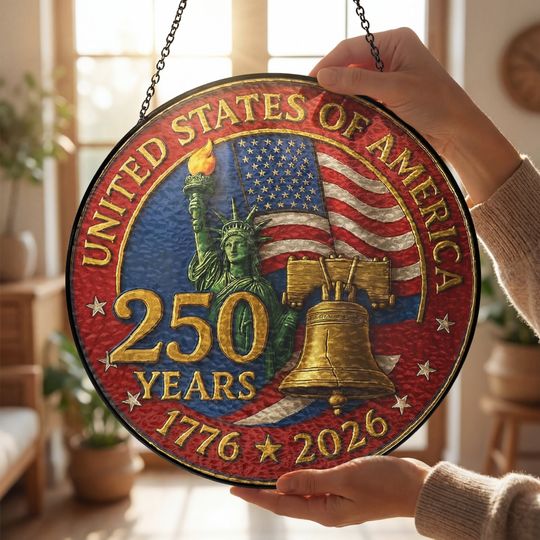250 years of America Glass Suncatcher - Liberty Bell Patriotic Window Hanging Decoration
