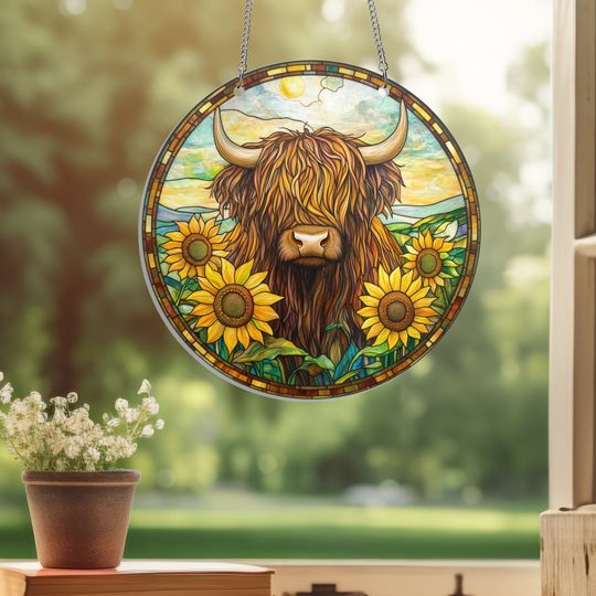 Highland Cow Sunflower Suncatcher Hanging Sign, Farm decor