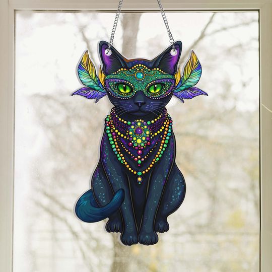 Black Cat Mardi Gras Suncatcher Acrylic Hanging Sign