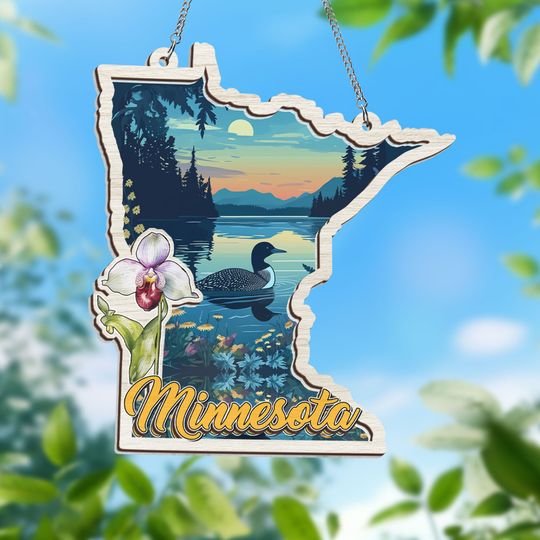Minnesota State, Lady’s Slipper Flower and Loon Minnesota 2 Layered Hanging Suncatcher