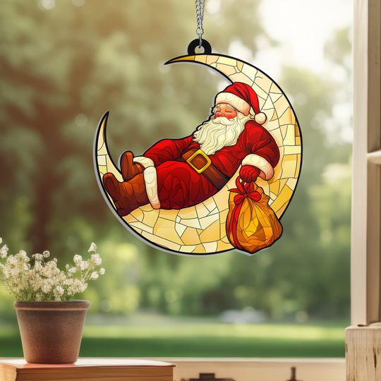 Santa Claus Sitting On Crescent Moon Suncatcher Acrylic Hanging