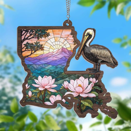 Louisiana State Brown Pelican Bird and Loon Magnolia Flower 2 Layered Hanging Suncatcher TPT2163WHv1