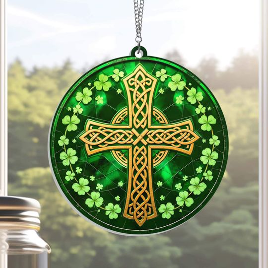 Irish Celtic Cross Shamrock St. Patrick's Day Acrylic Suncatcher Hanging Sign