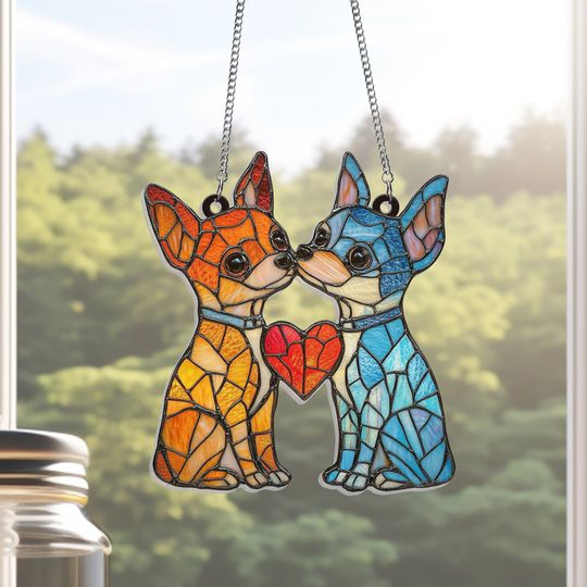 Chihuahua Couple Suncatcher Window Hanging Sign