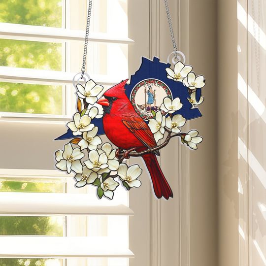 Virginia Cardinal & Flowering Dogwood Suncatcher - Hanging Sign Gift for State Pride & Nature Enthusiasts