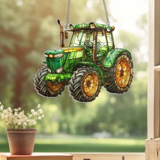 Green Tractor Farmer Acrylic Suncatcher Window Hanging