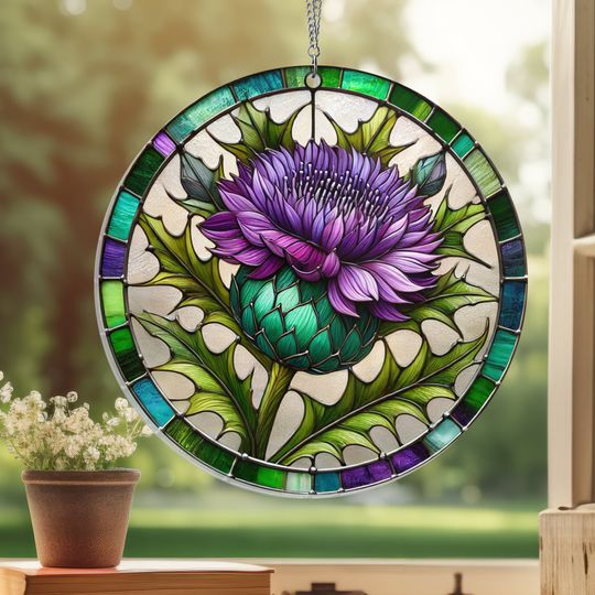 Purple Thistles Flower Suncatcher Acrylic Hanging Sign